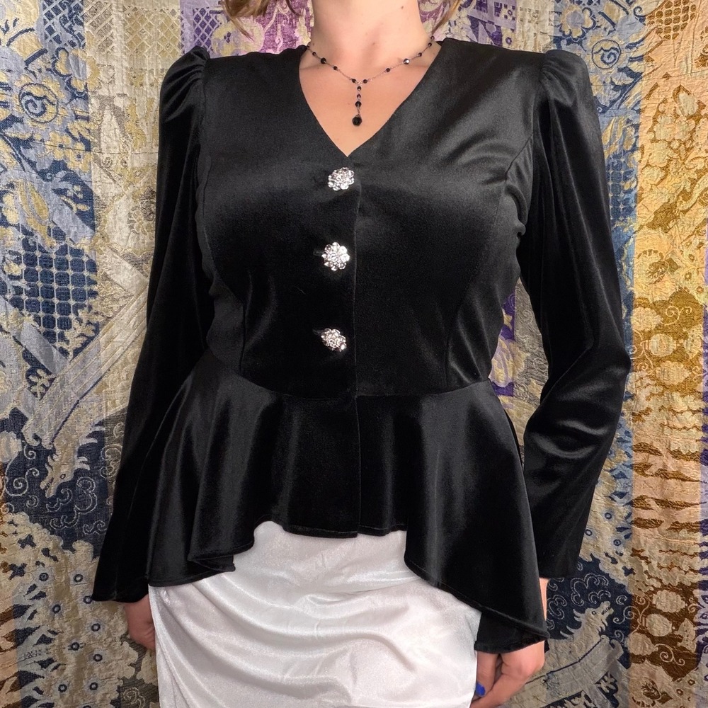 VTG 80s/90s Whimsigoth Black Velvet Peplum Button Front Shacket Top Size M